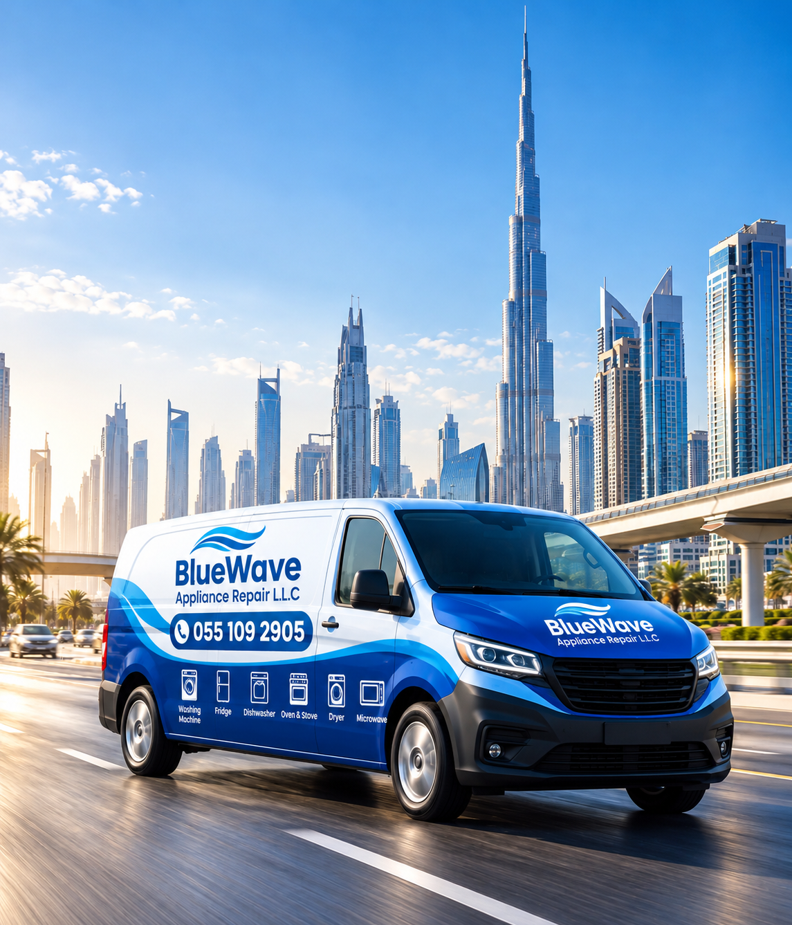 BlueWave Appliance Repair van on the way to a home in Dubai